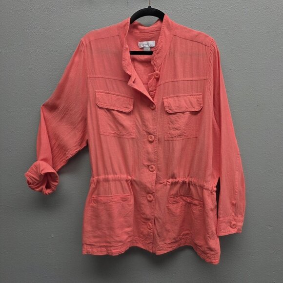 CJ Banks Jacket Womens 1X Coral Linen Rayon Utility Drawstring Waist Button - Picture 1 of 10